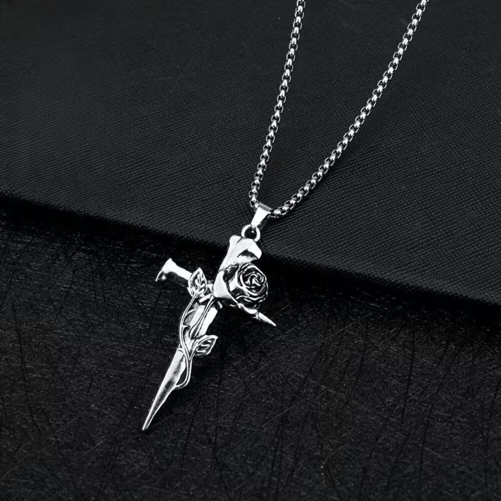 Rose Vine Entwined Cross And Sword Nail Pendant Necklace